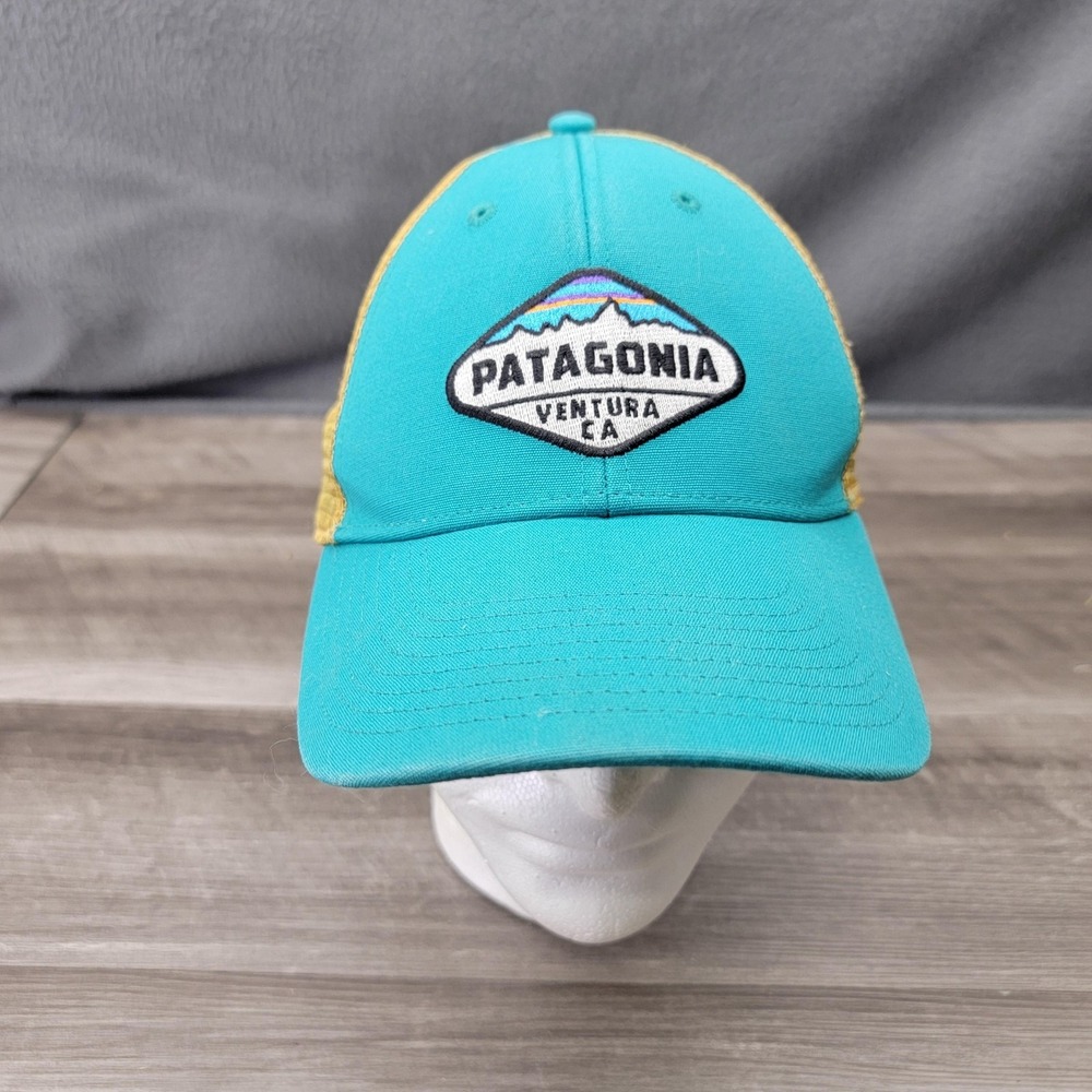 Patagonia Hat Cap Snap Back Trucker Blue Yellow Ventura CA Patch Mesh Mens